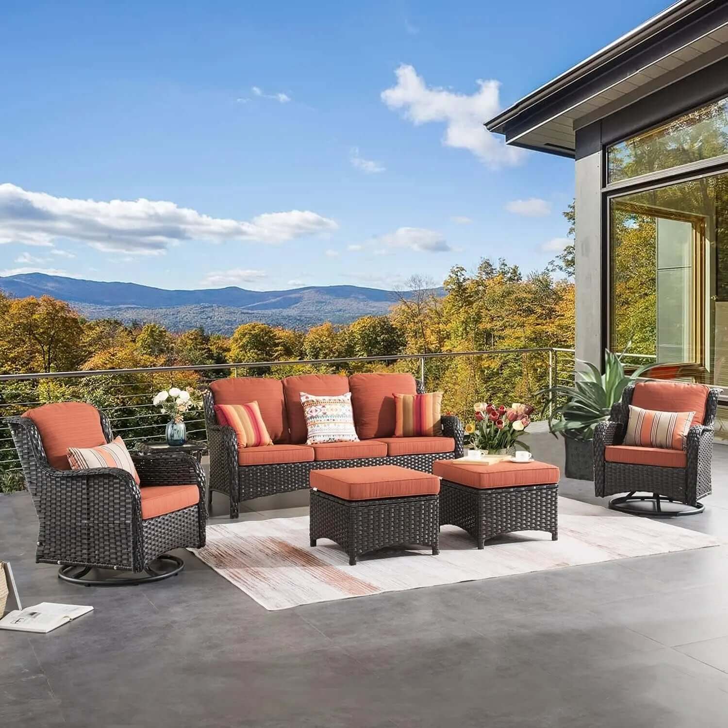 Long - lasting50,000 BTU Rectangular Propane Fire Pit Table 7-Piece High-Back Conversation Sofa and Matching Side Table