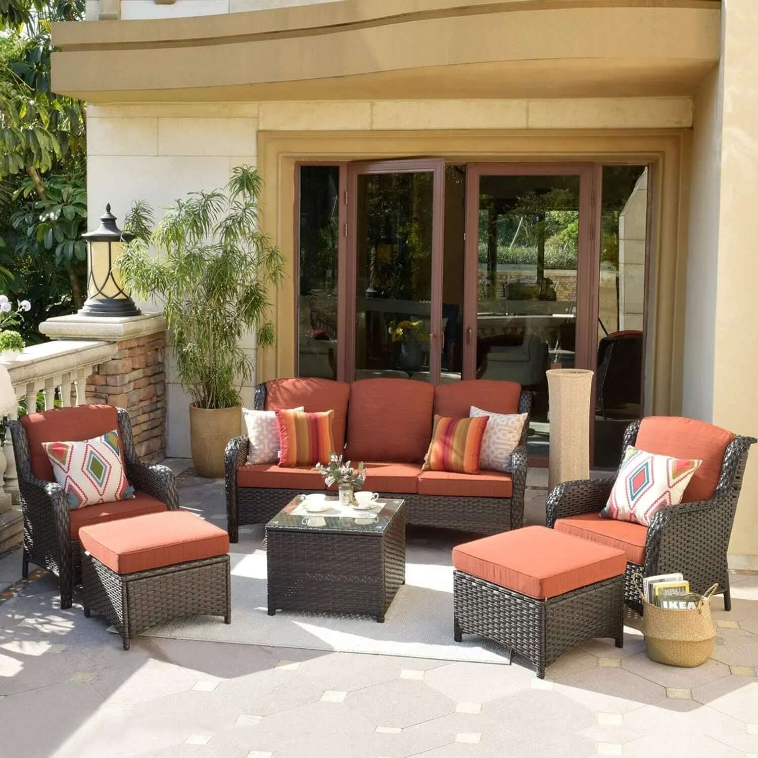 Long - lasting50,000 BTU Rectangular Propane Fire Pit Table 7-Piece High-Back Conversation Sofa and Matching Side Table