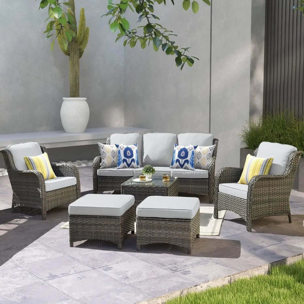 Long - lasting50,000 BTU Rectangular Propane Fire Pit Table 7-Piece High-Back Conversation Sofa and Matching Side Table