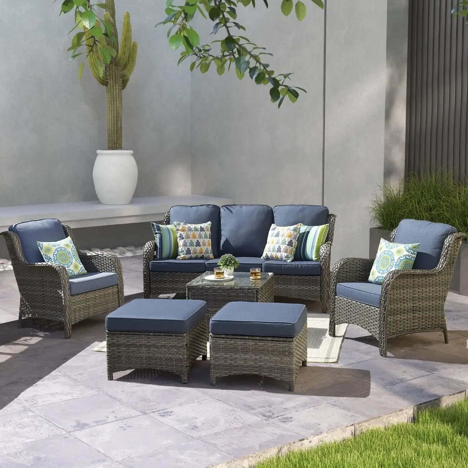 Long - lasting50,000 BTU Rectangular Propane Fire Pit Table 7-Piece High-Back Conversation Sofa and Matching Side Table