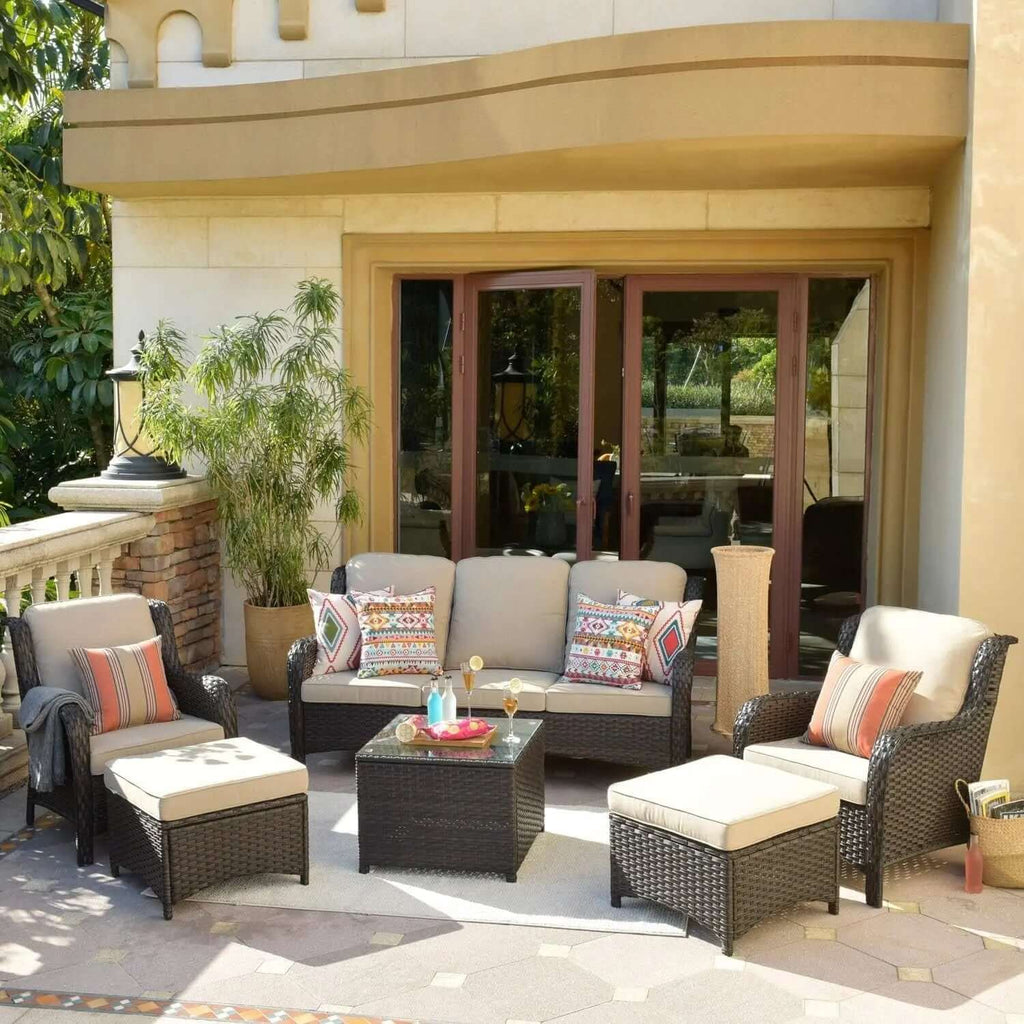 Long - lasting50,000 BTU Rectangular Propane Fire Pit Table 7-Piece High-Back Conversation Sofa and Matching Side Table