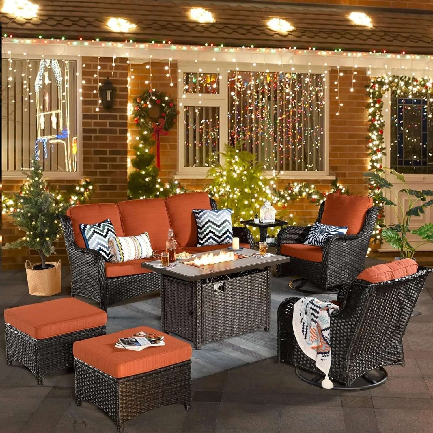 Long - lasting50,000 BTU Rectangular Propane Fire Pit Table 7-Piece High-Back Conversation Sofa and Matching Side Table