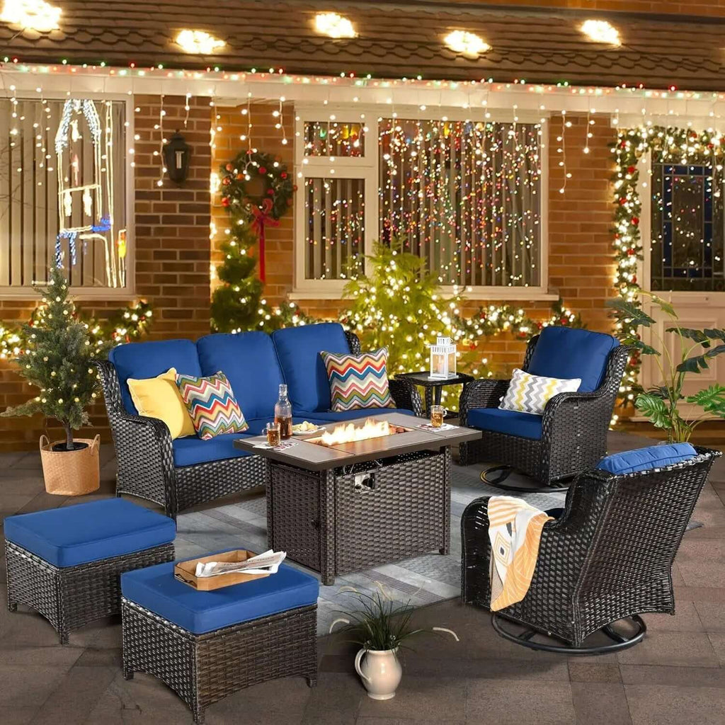 Long - lasting50,000 BTU Rectangular Propane Fire Pit Table 7-Piece High-Back Conversation Sofa and Matching Side Table