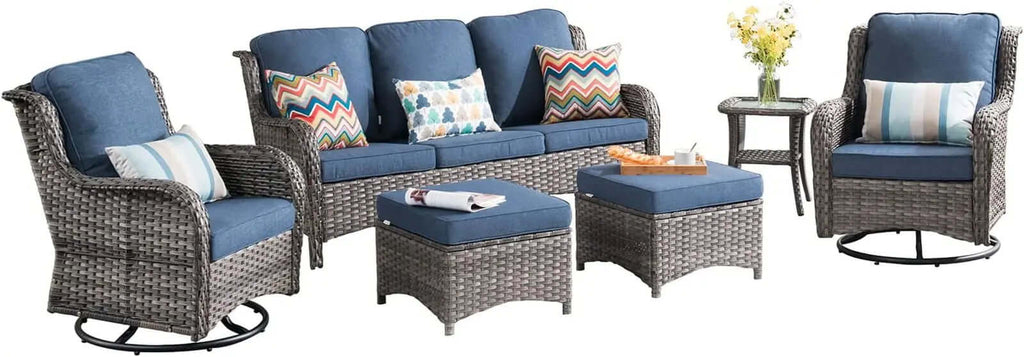 Long - lasting50,000 BTU Rectangular Propane Fire Pit Table 7-Piece High-Back Conversation Sofa and Matching Side Table