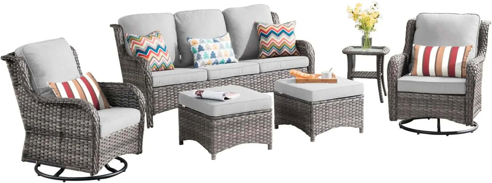 Long - lasting50,000 BTU Rectangular Propane Fire Pit Table 7-Piece High-Back Conversation Sofa and Matching Side Table