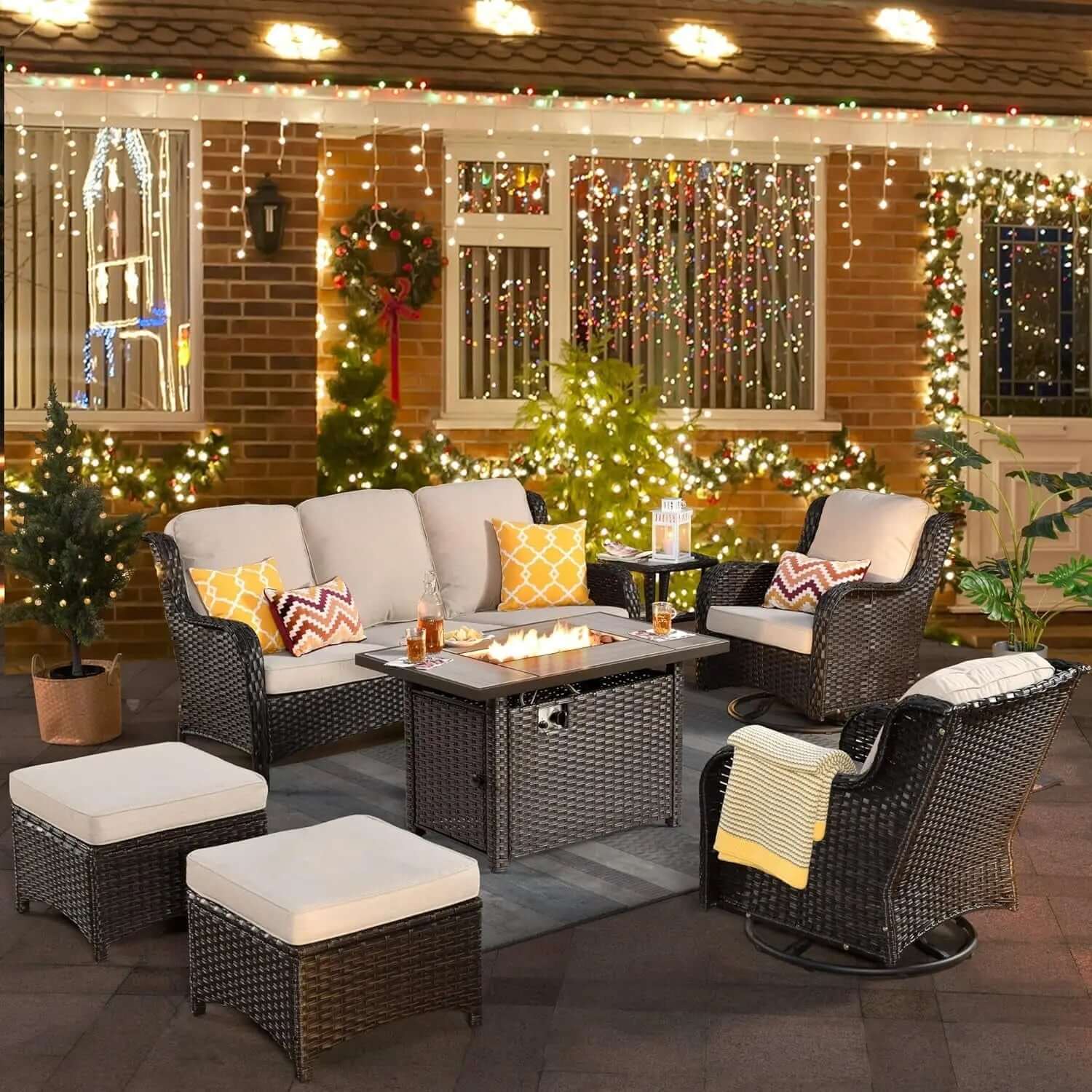 Long - lasting50,000 BTU Rectangular Propane Fire Pit Table 7-Piece High-Back Conversation Sofa and Matching Side Table