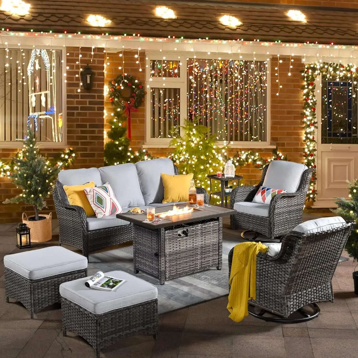Long - lasting50,000 BTU Rectangular Propane Fire Pit Table 7-Piece High-Back Conversation Sofa and Matching Side Table