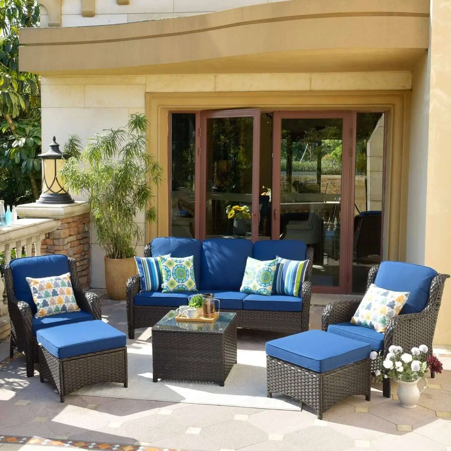 Long - lasting50,000 BTU Rectangular Propane Fire Pit Table 7-Piece High-Back Conversation Sofa and Matching Side Table