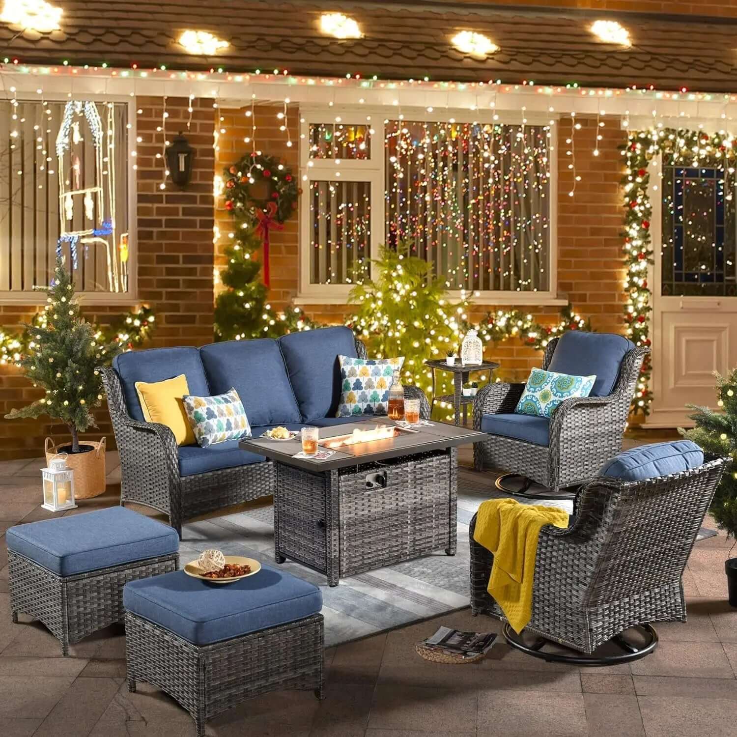 Long - lasting50,000 BTU Rectangular Propane Fire Pit Table 7-Piece High-Back Conversation Sofa and Matching Side Table