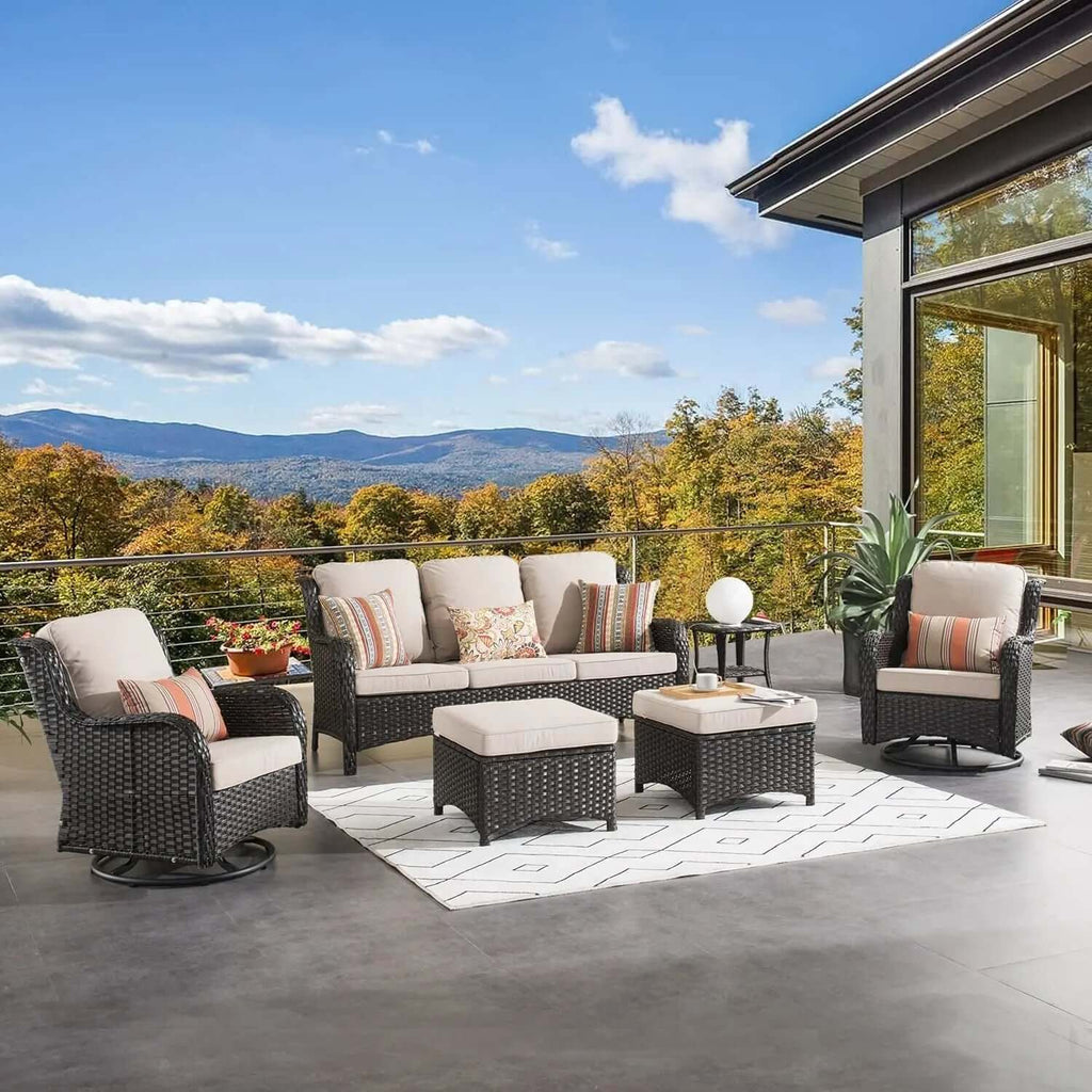 Long - lasting50,000 BTU Rectangular Propane Fire Pit Table 7-Piece High-Back Conversation Sofa and Matching Side Table