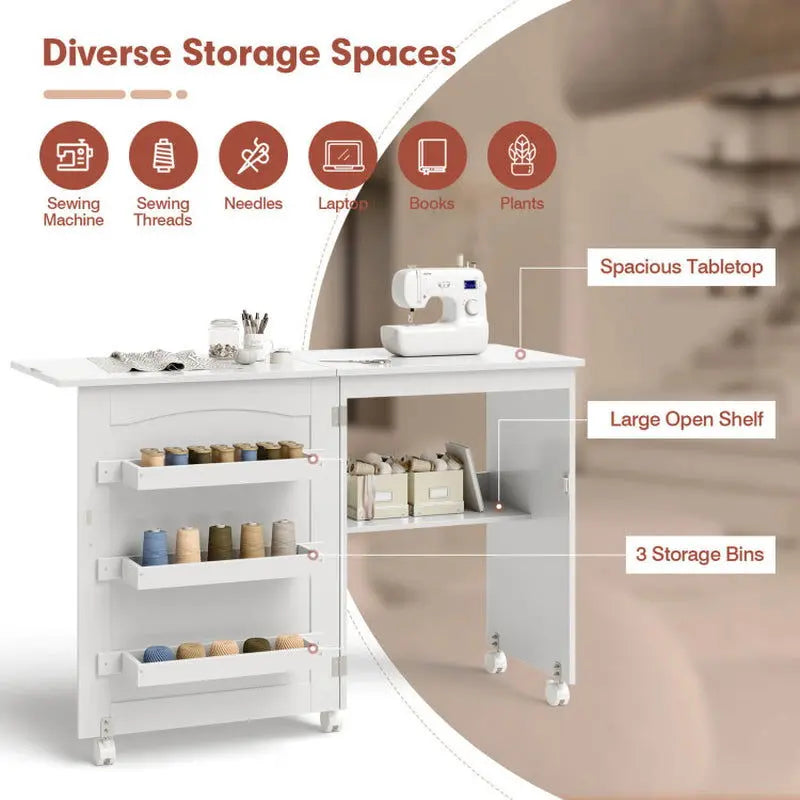 Folding Sewing Craft Table Shelf Storage Cabinet Home Furniture
