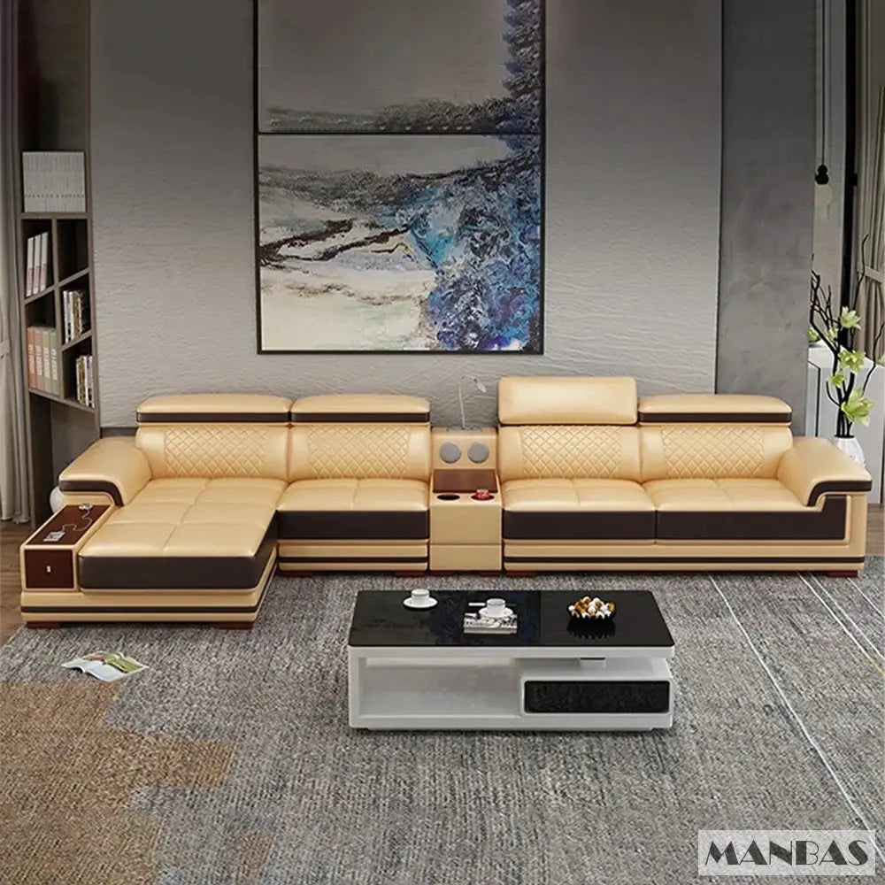 Italian Genuine Leather Sectional Sofa Set with Adjustable Headrests and Bluetooth Speaker