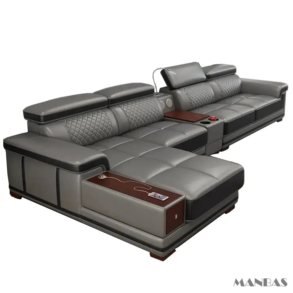 Italian Genuine Leather Sectional Sofa Set with Adjustable Headrests and Bluetooth Speaker